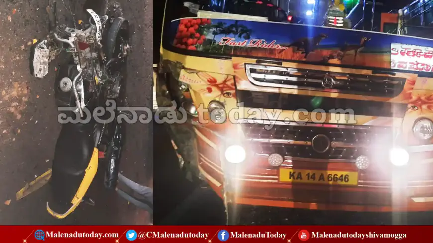 Private bus-bike collision near Mandagadde Fish Hotel on Thirthahalli Road Two killed on the spot
