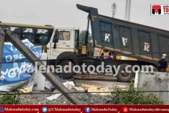 ಟಿಪ್ಪರ್ ಲಾರಿಗೆ ಸಿಕ್ಕಿಬಿದ್ದ ಕರೆಂಟ್ ವಯರ್​! ಮುರಿದು ಬಿದ್ದ ವಿದ್ಯುತ್ ಕಂಬಗಳು! ಸ್ವಲ್ಪದರಲ್ಲಿಯೇ ತಪ್ಪಿತು ದುರಂತ