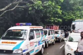 A huge tree has fallen across the road near the Agumbe Ghati Forest Check Post, obstructing traffic.