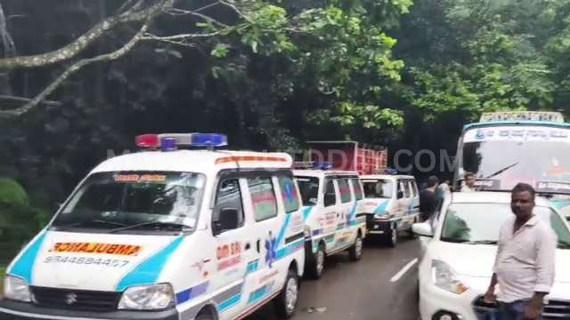 A huge tree has fallen across the road near the Agumbe Ghati Forest Check Post, obstructing traffic.