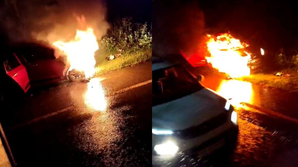 Car Catches Fire Near Shivamogga Lion Safari 09