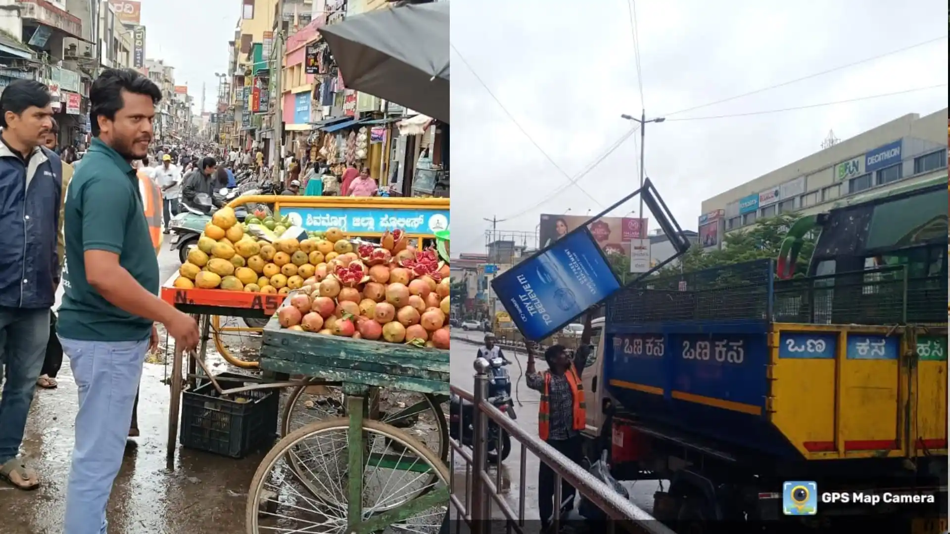 Footpath Encroachment shivamogga ಅಂಗಡಿಗಳನ್ನು ತೆರವುಗೊಳಿಸುತ್ತಿರುವ ಸಿಬ್ಬಂದಿಗಳು