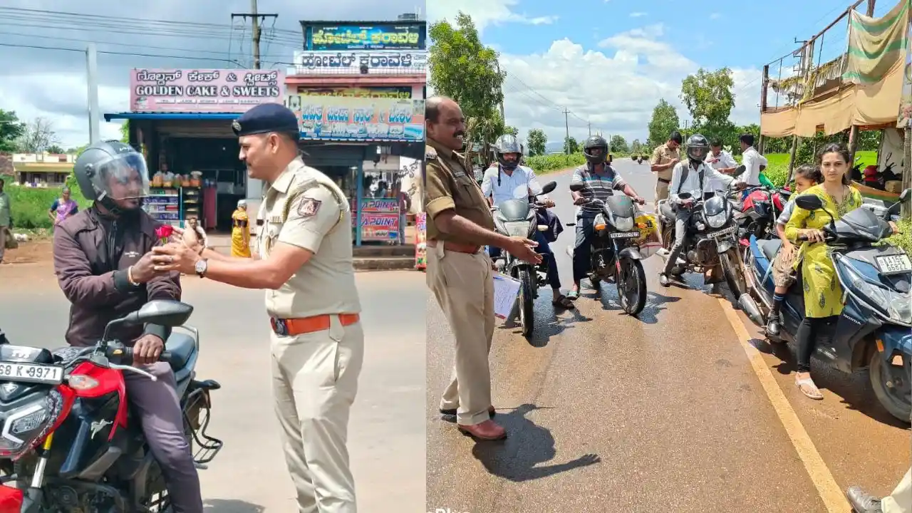 Shimoga Police, Traffic Rules, Helmet Awareness, Soraba Circle, Shikaripura Police, Two-Wheeler Safety, Road Safety Campaign,