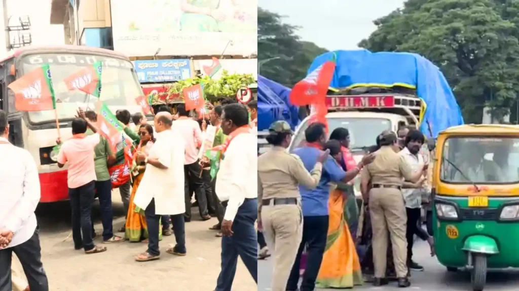 BJP staged a protest in Shivamogga, blocking roads and raising slogans against the state Congress government for its alleged failure to fix potholes