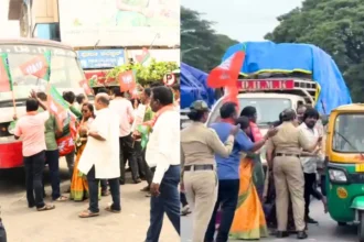 BJP staged a protest in Shivamogga, blocking roads and raising slogans against the state Congress government for its alleged failure to fix potholes