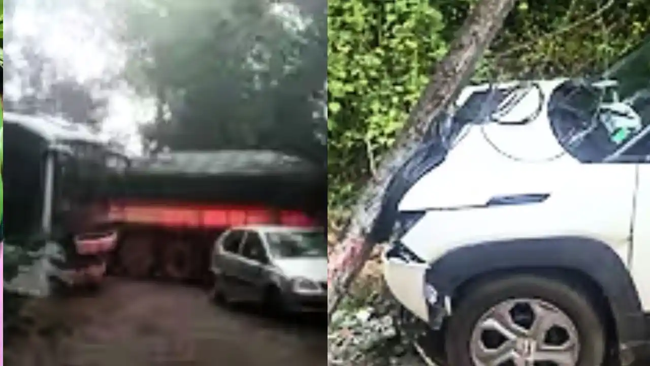 ಕರೆಂಟ್ ಕಂಬಕ್ಕೆ ಗುದ್ದಿದ ಕಾರು! ಘಾಟಿ ಟರ್ನಿಂಗ್ನಲ್ಲಿ ಸಿಲುಕಿದ ಲಾರಿ, ಬಸ್! 1 Car accident on Thirthahalli-Koppa road, hits electric pole; Traffic HALT in Kollur Ghat due to stuck bus and lorry. Full details here.