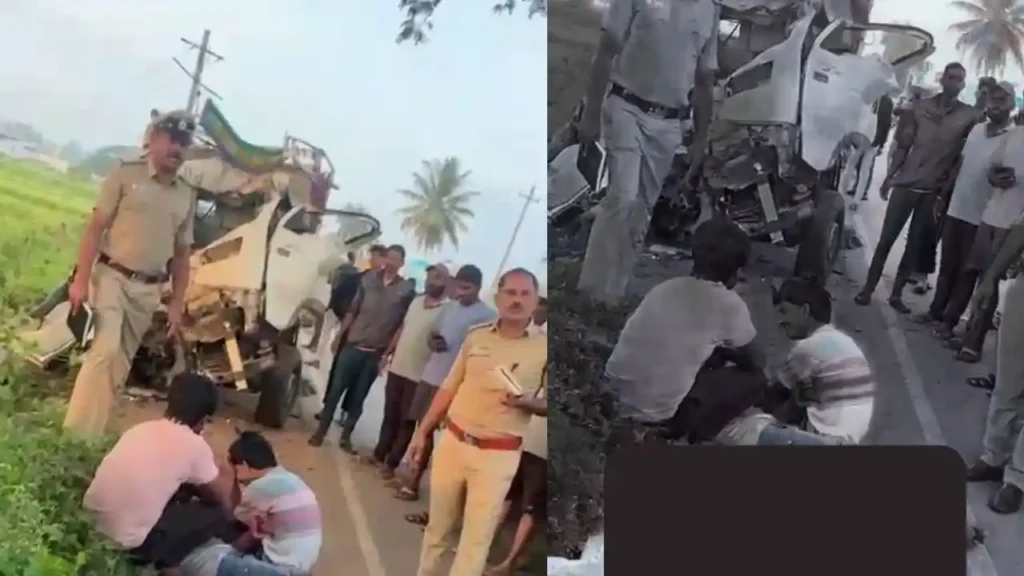 Three people, including one from Chennagiri and two laborers from UP, died after an Ashok Leyland goods vehicle hit a tree near Gondhichatnahalli, Shivamogga. Driver absconds.