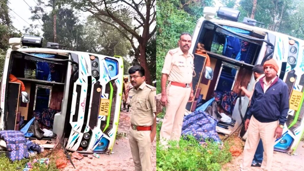 chitradurga Students : Tourist Bus Overturns Near Sringeri, Chikkamagaluru 11 chitradurga Students Injured , Bus Overturns 11 chitradurga Students Injured