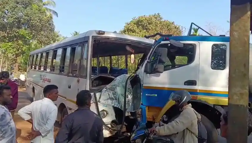ಪರಸ್ಪರ ಸೀದಾಸಿದಾ ಗುದ್ದಿಕೊಂಡ ಗಜಾನನ ಬಸ್-ಆಯಿಲ್ ಟ್ಯಾಂಕರ್! ಹೊಸನಗರದ ಕೋಡೂರು ಸಮೀಪ ನಡೆದ ಘಟನೆ 3 BusTanker Collision near Ripponpete Koduru Woman Critical