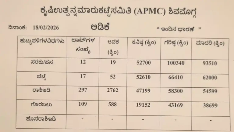Shimoga Arecanut Rate Today 19 February 2026 Adike Price Hike ಶಿವಮೊಗ್ಗ ಮಾರುಕಟ್ಟೆ ಯಲ್ಲಿ ಅಡಿಕೆ ದರ ಜಿಗಿತ! ಹಸ ಅಡಿಕೆಗೆ ಲಕ್ಷದ ಗಡಿ ಮೀರಿದ ಬೆಲೆ ಸಿಕ್ಕಿದ್ದು, ರಾಶಿ ಮತ್ತು ಬೆಟ್ಟೆ ದರಗಳ ಸಂಪೂರ್ಣ ಮಾಹಿತಿ ಇಲ್ಲಿದೆ