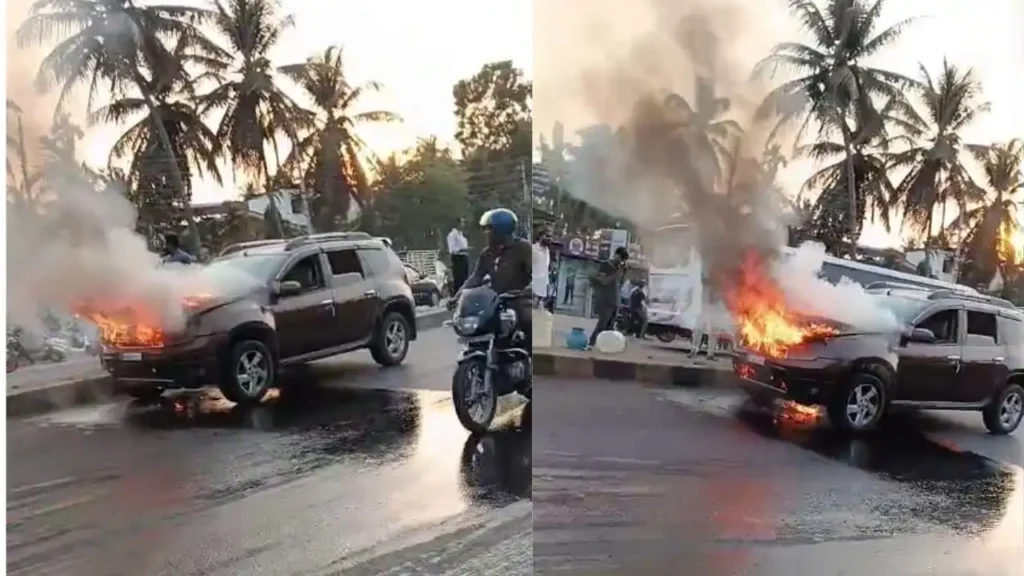 Duster Car Catches Fire Near Alkola Circle Shimoga