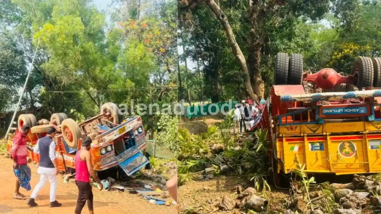 Lorry Overturns Near sagara Anandapura