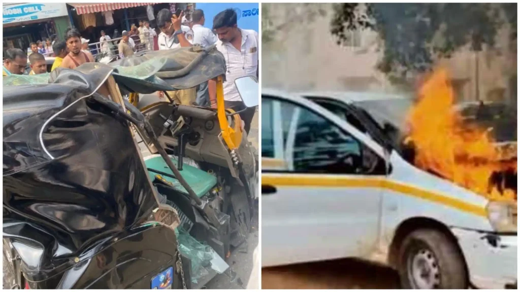 Major serial accident in Shivamogga Child killed by bus, auto driver critically injured
