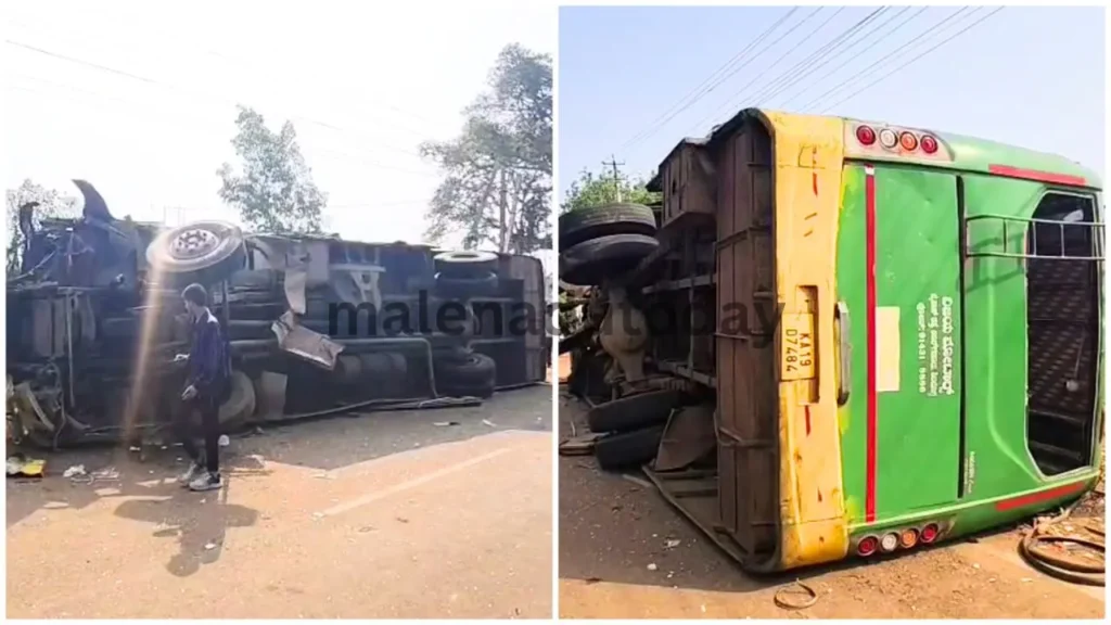 Private Bus Overturns Near Kumadvathi College