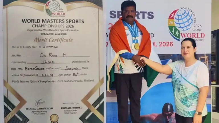 ಥೈಲ್ಯಾಂಡ್ ವರ್ಲ್ಡ್ ಮಾಸ್ಟರ್ಸ್ ಸ್ವಿಮ್ಮಿಂಗ್​ ಸ್ಪರ್ಧೆಯಲ್ಲಿ ಚಿನ್ನ ಗೆದ್ದ ಶಿವಮೊಗ್ಗದ ಪಶುವೈದ್ಯ! ಯಾರು ನೋಡಿ Thailand World Masters Swimming Shikaripura Veterinarian Wins Gold and Silver Medals