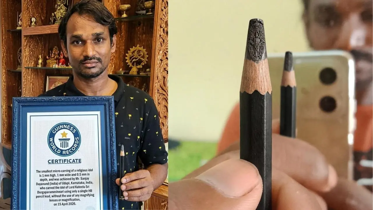 ಪೆನ್ಸಿಲ್ ಮೊನೆಯಲ್ಲಿ ಕಟೀಲು ಅಮ್ಮನ ಕಲಾಕೃತಿ: ಗಿನ್ನಿಸ್ ದಾಖಲೆಗೆ ಸೇರಿದ ಉಡುಪಿಯ ಸಂಜಯ್ ಕಡೂರು ಸಾಧನೆ