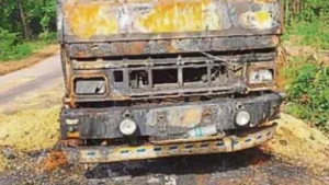 A lorry transporting maize caught fire
