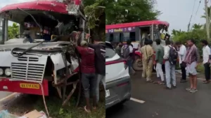 ಒಮಿನಿಗೆ ಡಿಕ್ಕಿಯಾಗುವುದನ್ನ ತಪ್ಪಿಸುವಾಗ ಮರಕ್ಕೆ ಗುದ್ದಿ ಕೆಎಸ್​ಆರ್​​ಟಿಸಿ ಬಸ್!