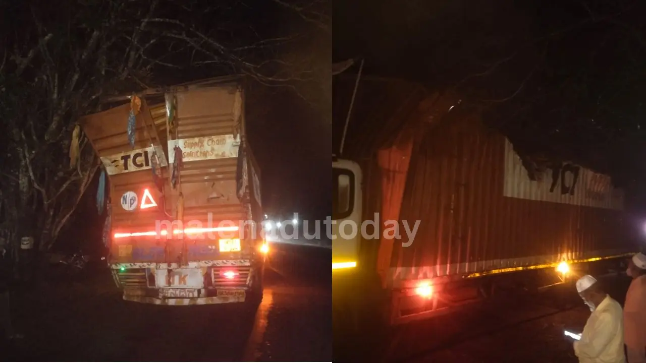 Container Lorry Overturns on Shivamogga Highway