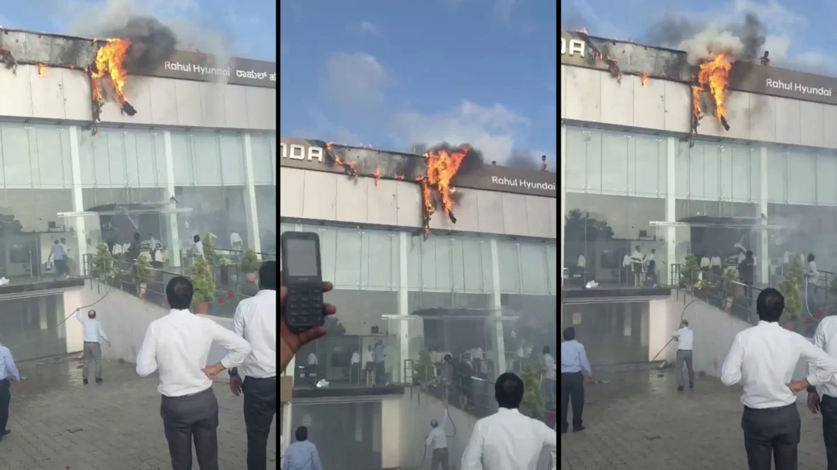 Fire Breaks Out at Rahul Hyundai Showroom Name Board in Shivamogga