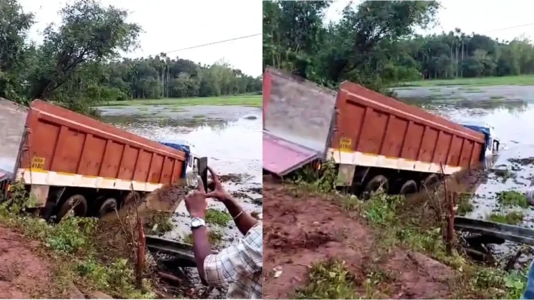 Drunk Driver Drives Truck Into Lake in Sagara ಲಾರಿಯನ್ನು ಕೆರೆಗೆ ಇಳಿಸಿದ ಚಾಲಕ