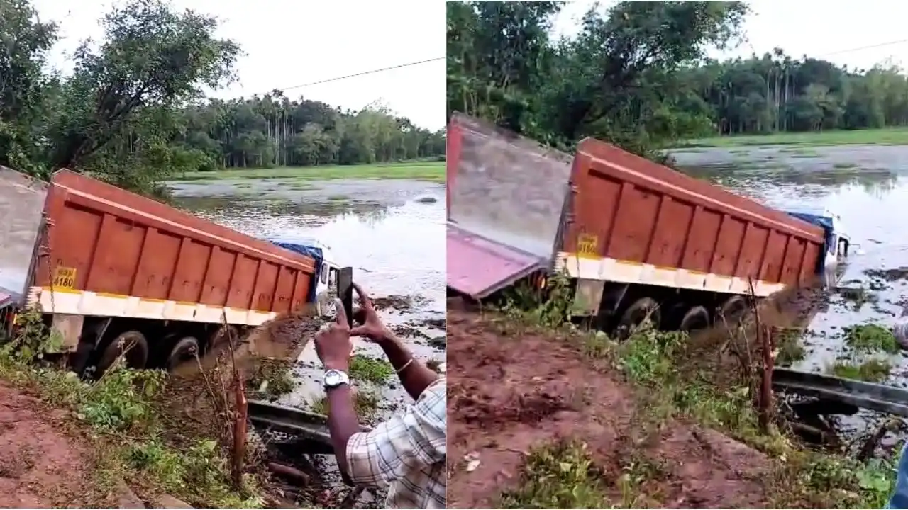 Drunk Driver Drives Truck Into Lake in Sagara ಲಾರಿಯನ್ನು ಕೆರೆಗೆ ಇಳಿಸಿದ ಚಾಲಕ