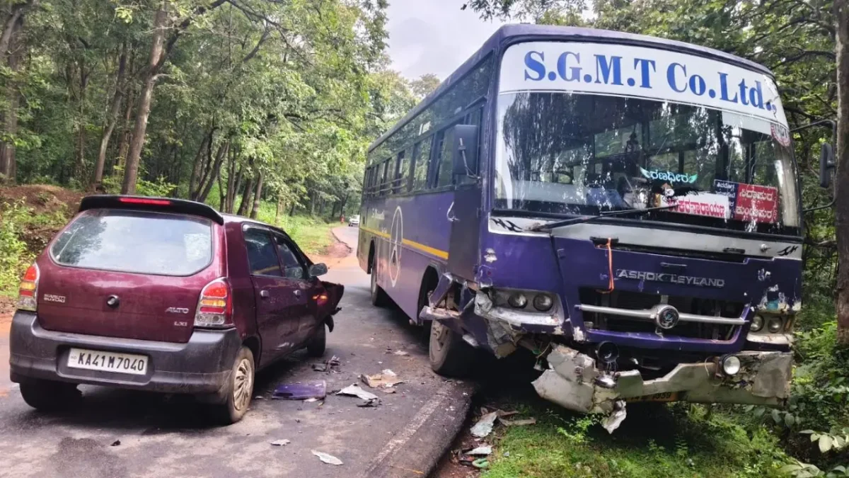 Gajanana Bus and Car Collide Near Suduru in Hosanagara, Two Seriously Injured