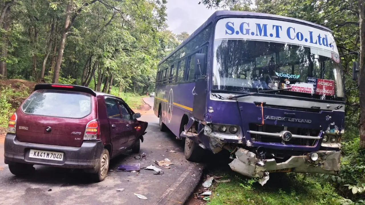Gajanana Bus and Car Collide Near Suduru in Hosanagara, Two Seriously Injured
