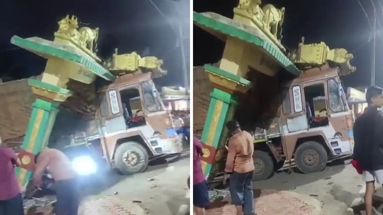 Lorry Hits Basavanna Temple Entrance Gate at Konandur in Thirthahalli