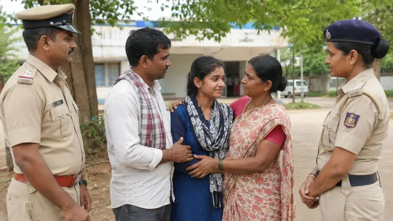 ತಮ್ಮಡಿಹಳ್ಳಿಯಲ್ಲಿ ಒಂಟಿಯಾಗಿ ಪತ್ತೆಯಾದ 14 ವರ್ಷದ ಬಾಲಕಿಯನ್ನು ಪೋಷಕರೊಂದಿಗೆ ಸುರಕ್ಷಿತವಾಗಿ ಸೇರಿಸುತ್ತಿರುವ ಪೊಲೀಸರ ಕಾರ್ಯಾಚರಣೆಯನ್ನು ಪ್ರತಿನಿಧಿಸುವ ಎಐ ಚಿತ್ರ.