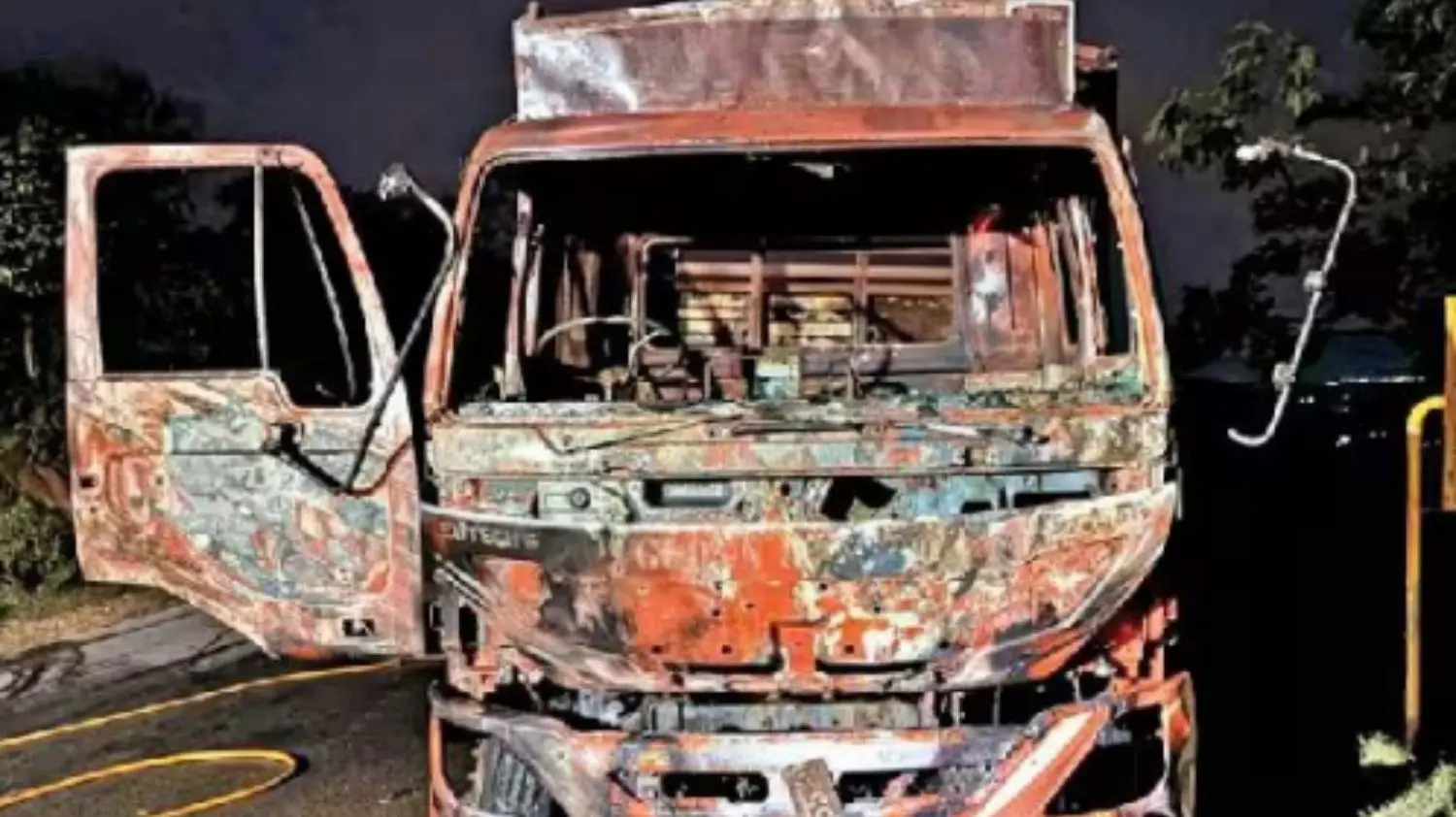 Moving Canter Catches Fire Near Tarikere, Firefighter Injured in Tyre Blast