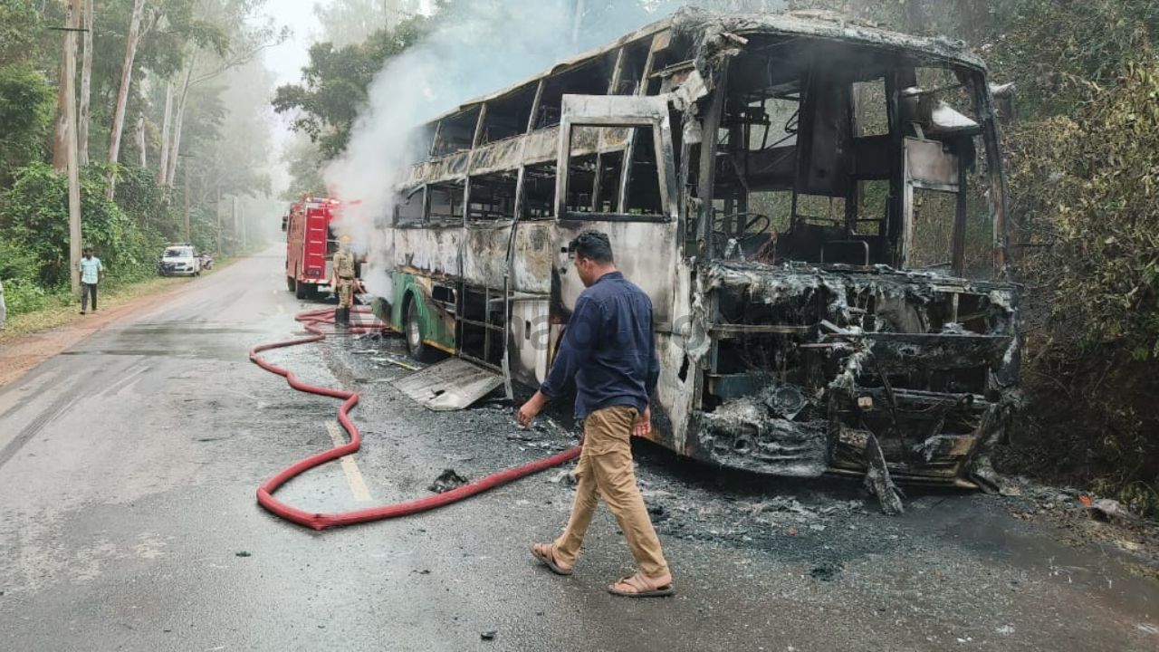 Private Bus Catches Fire Near Anandapura in Sagara, Four Escape Unhurt